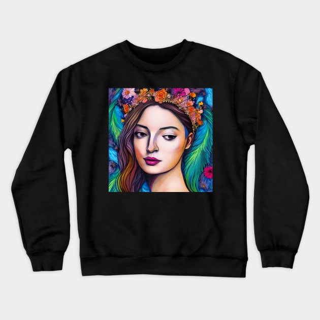 Woman in Floral and Feather Crown / Headdress Crewneck Sweatshirt by ArtistsQuest